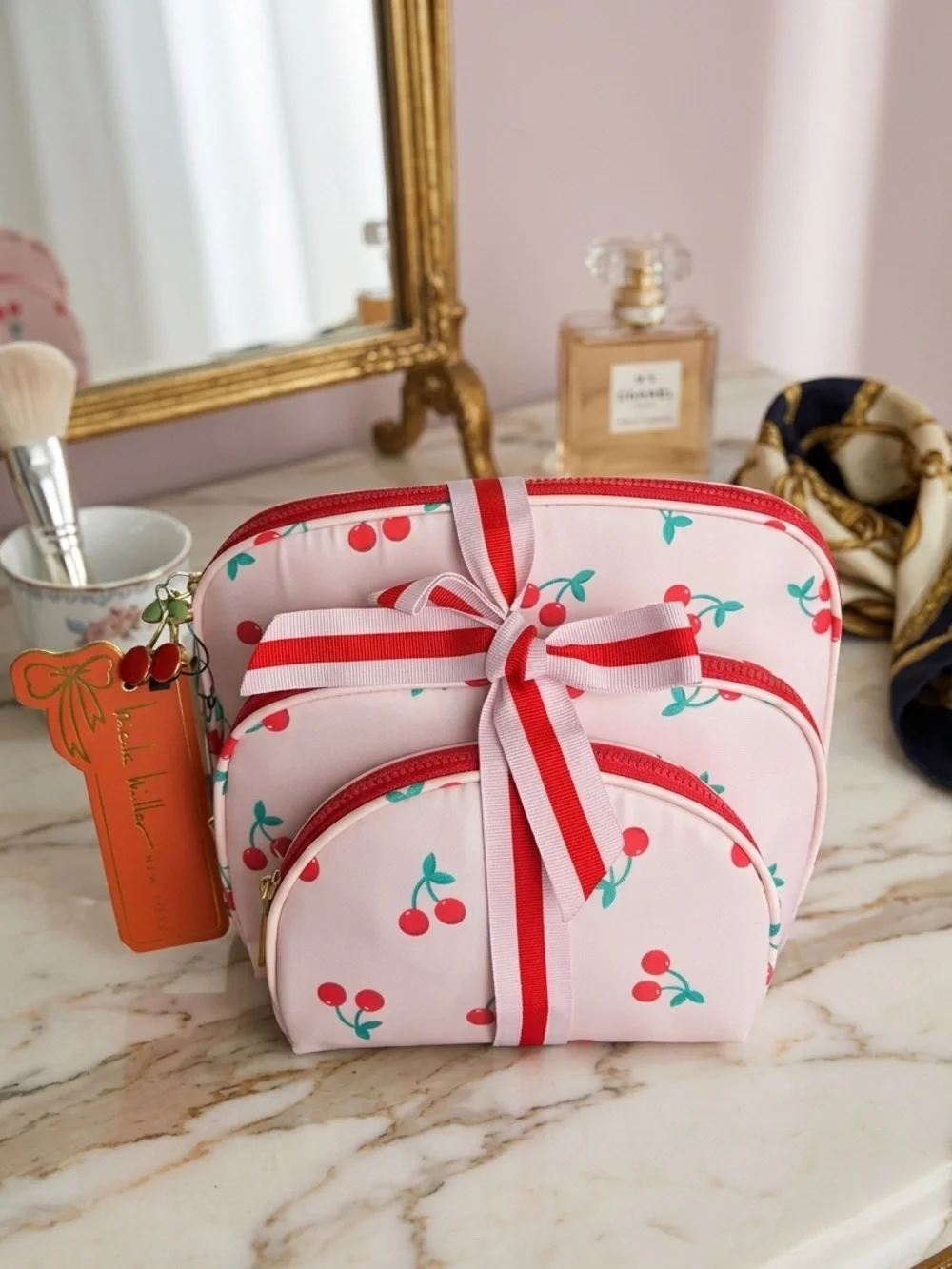 Nicole Miller Pink Cherry Print Cosmetic Pouch 3 Piece Set